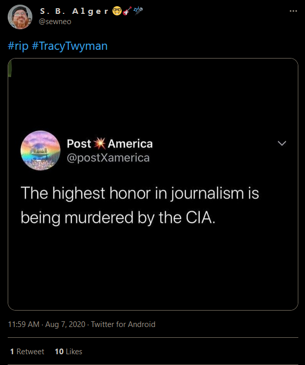 Twitter @sewneo (S. B. Alger)  "The highest honor in journalism is being murdered by the CIA.