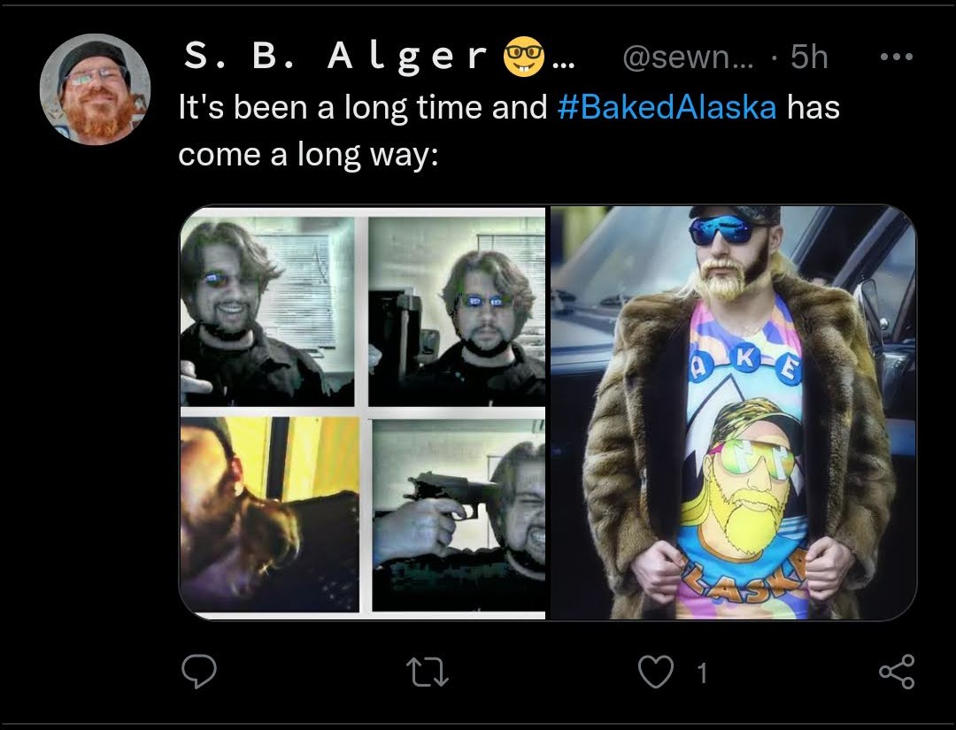Twitter Examples of sewneo and broadcasting "dangerous" topics - Penis Dildo & Suicide by Gun Shot to Head: S. B. Alger @sewneo 5h It's been a long time and #Baked Alaska has come a long way: